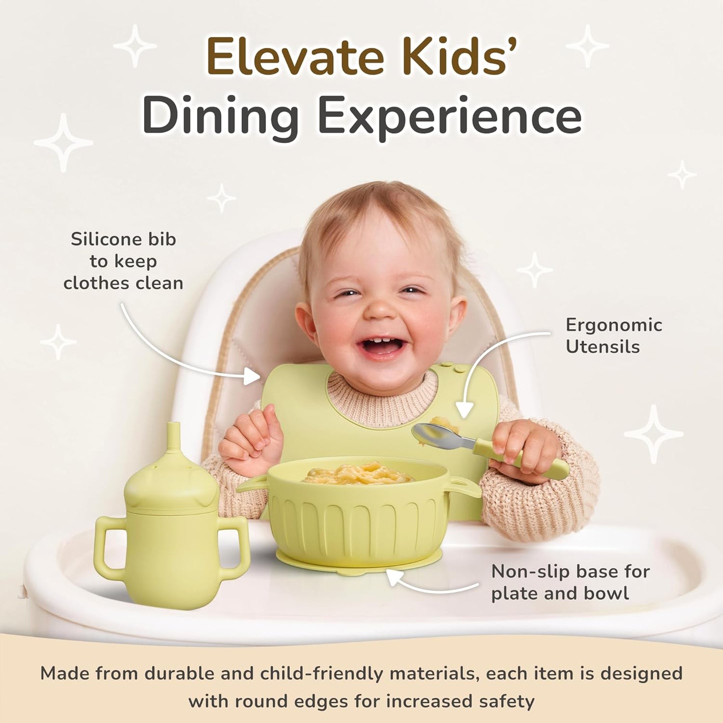 mimi & kiki BPA-Free Silicone Baby Feeding Set, Baby Plates and Bowls Set, Baby Led Weaning Supplies, Silicone Suction Plate, Baby Utensils, Bib and Cup, Self Feeding, Dishwasher Safe (Yellow)