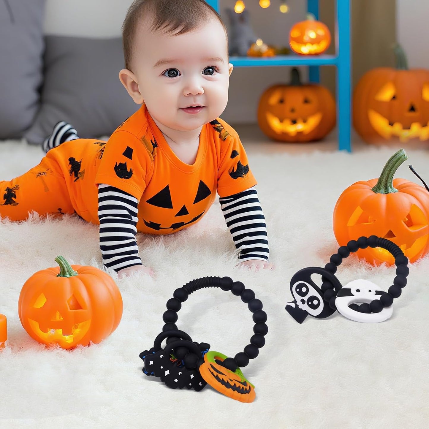 Baby Silicone Teether Ring Toy,Food Grade Silicone Chew Toys for 0-6,6-12,12-18 Months Newborns,Infants,Toddlers Teething Relief,Safe and Soft,BPA Free,Baby Essentials. (Halloween Skull)