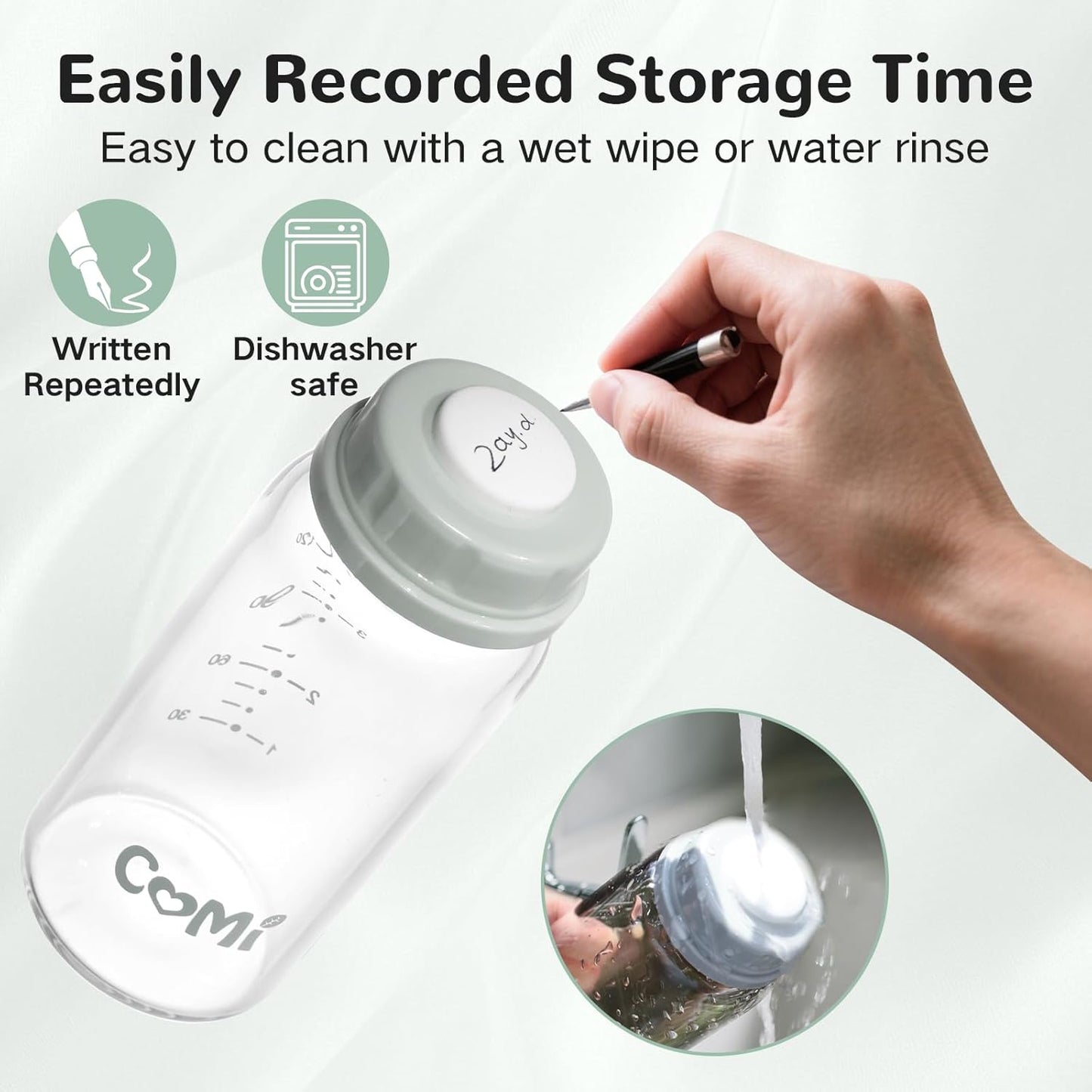 COMI Natural Glass Baby Bottle,Standard Neck Breastmilk Storage Bottle for Fridge,Breast Milk Container,Breast Pump Bottle Compatible with Medela Breast Pump,BPA Free,4PCS (5oz,4 Gray Lids)