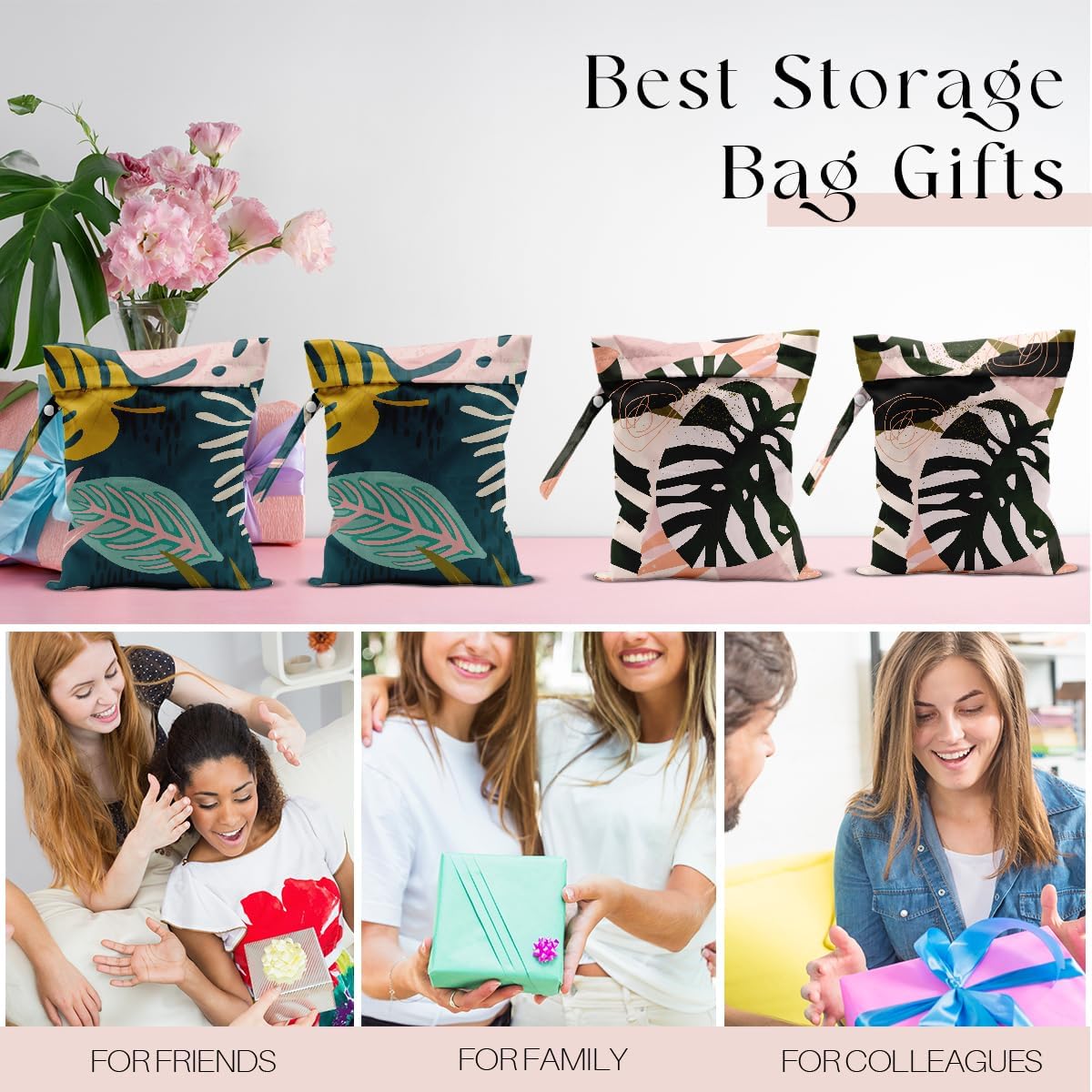 4 Pack Wet Bag for Swimsuit, Beach Travel Essentials Wet Dry Bag, for Sunscreen Toiletry Dirty Clothes Yoga Gym Diaper, Friend Summer Beach Vacation Gifts. Palm leaves