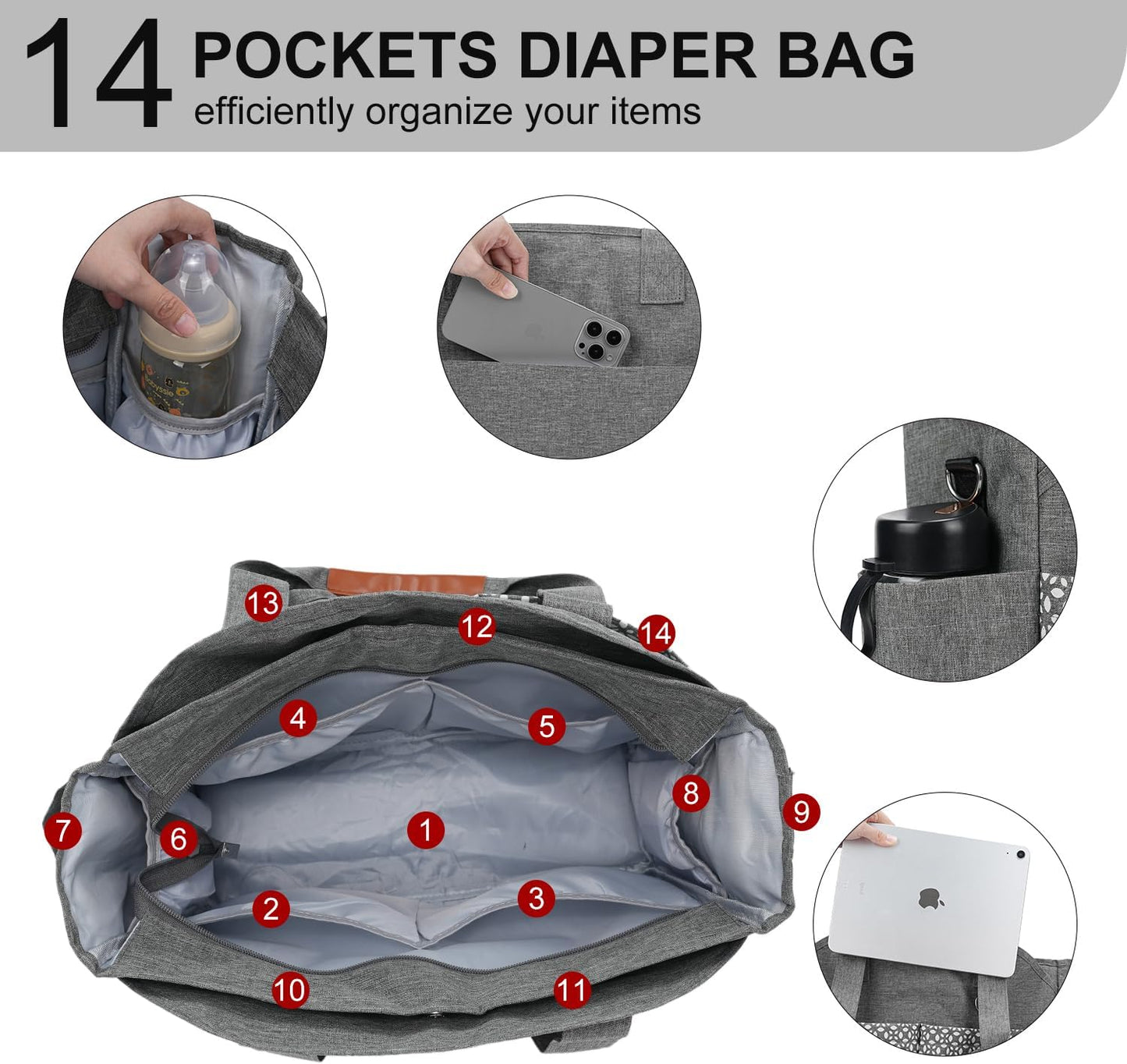 Diaper Bag Tote, Large Capacity Travel Diaper Baby Bags Crossbody Hospital Mom Bag,with Silicone Pacifier Case