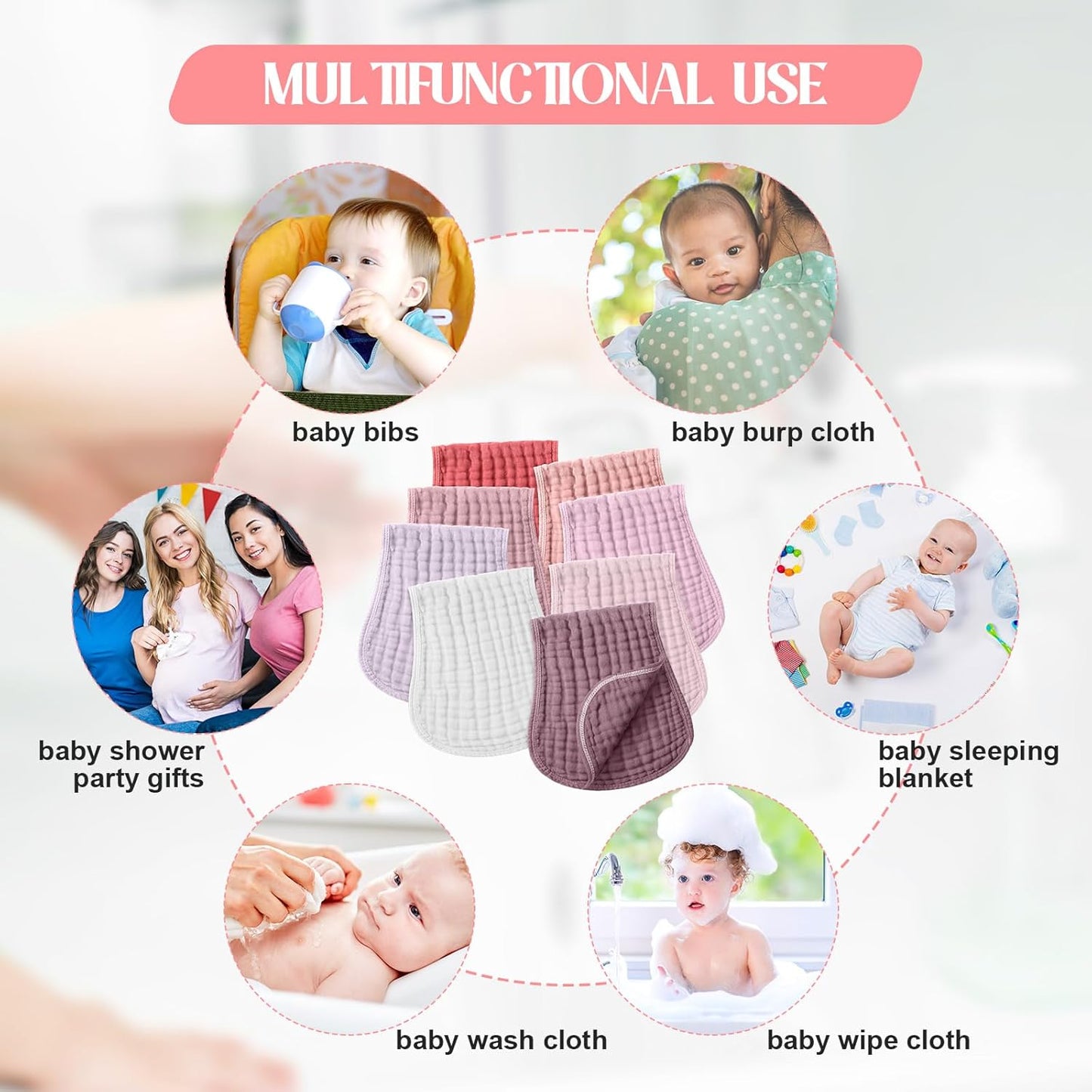 Frienda 8 Pieces Muslin Burp Cloths for Baby Cotton Burp Cloth 10 x 20 Inches Multi Colors Muslin Washcloths Diapers 4 Absorbent Layers Newborn Face Towels for Baby Boy Girl Unisex (Pink Purple Color)
