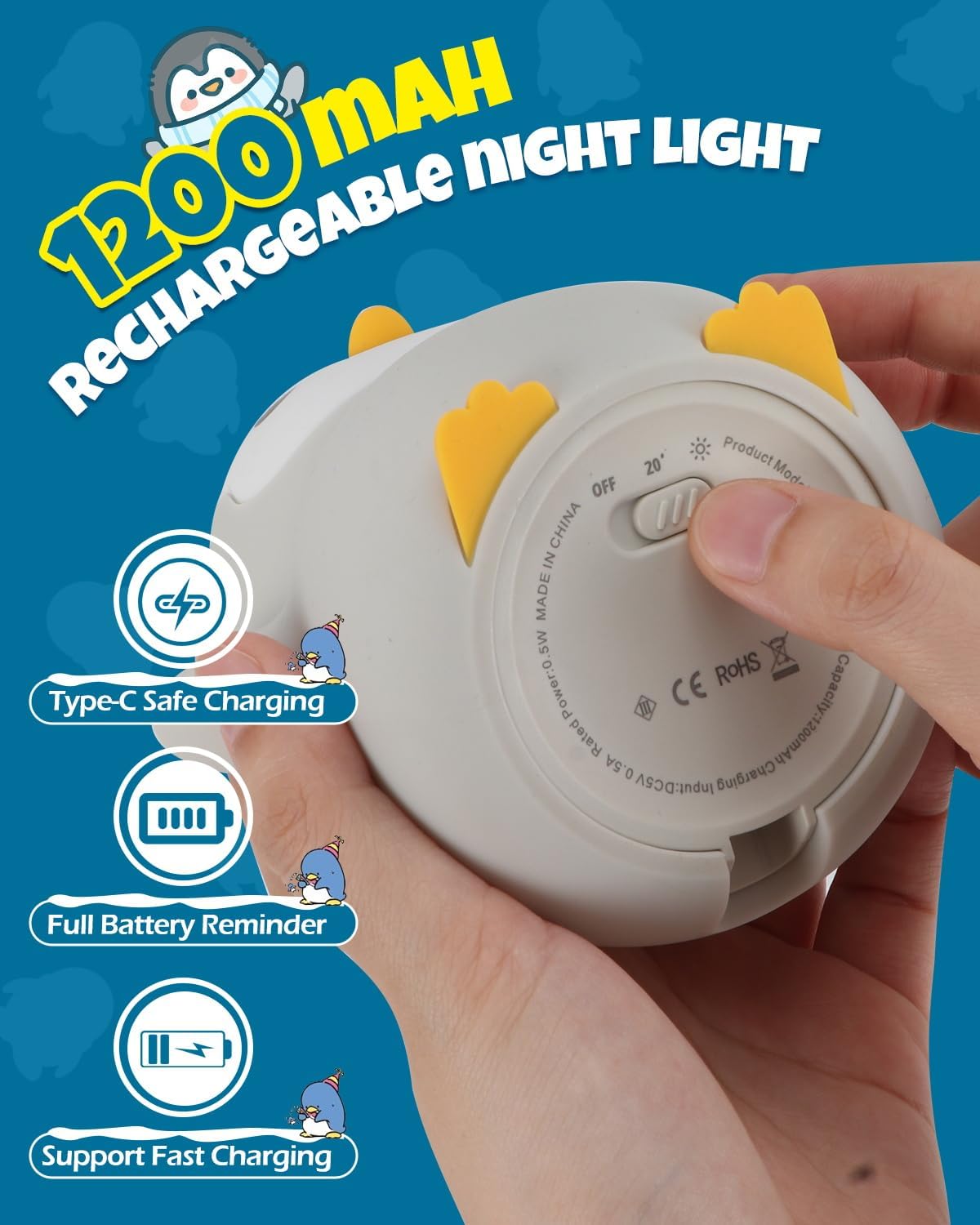 Cute Happy Penguin Night Light, Animal Lamp, Food Grade Silicone, Rechargeable, 2 Level Dimmable, Squishy Nursery Nightlight for Desk Decor, Funny Gifts Stuff for Boys Girls Baby, White Elephant Gifts