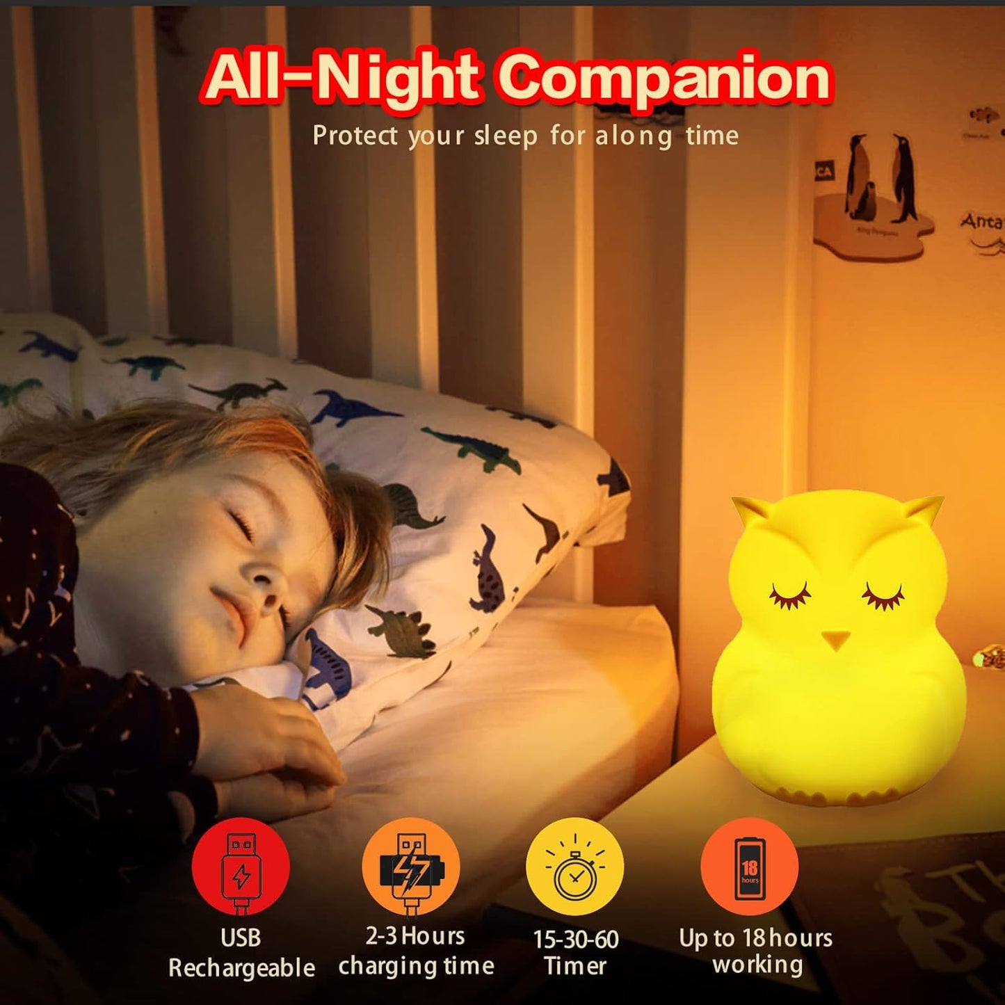 WHA&DARREN Owl Night Lights Kids, Silicone Light Bedside Lamp, Baby Nursery Light, Sleep Night-Light, Squishy Night Light for Kids Room, Animal Night Lights for Girls and Boys