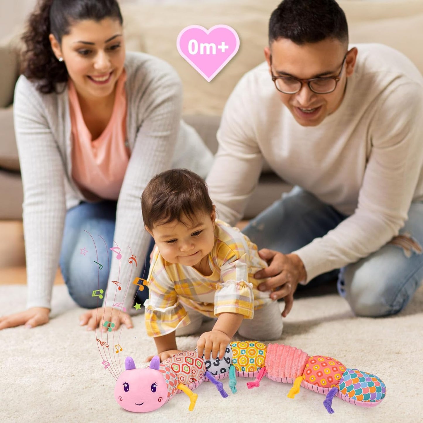 Baby Infant Musical Toy Soft Stuffed Animal Toy with Multi Textures,Rattle,Crinkle,Newborn Baby Toy for 0 3 6 9 12 Months Girls Boy Gift,Caterpillar,Pink
