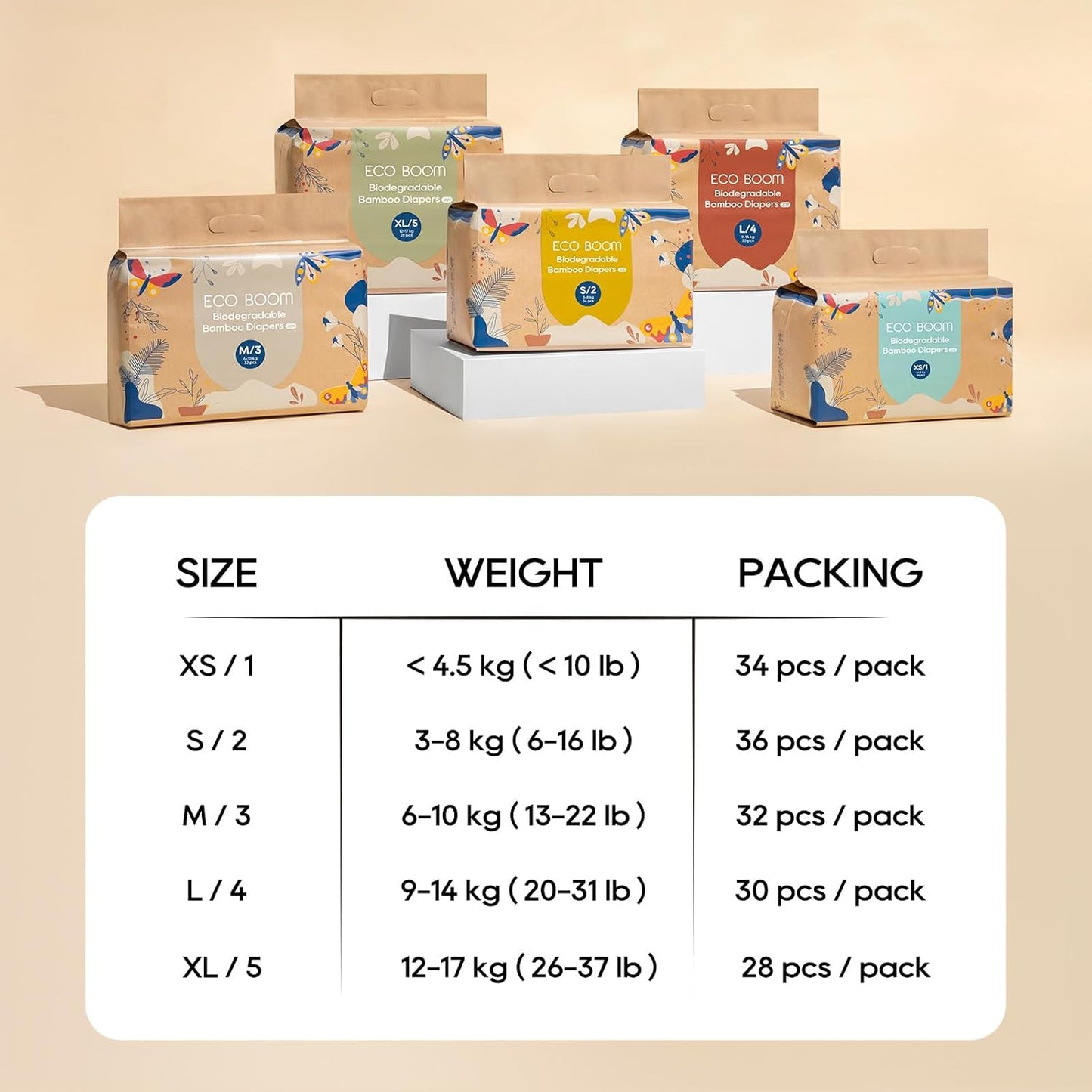 ECO BOOM Size 5 Diapers, Bamboo Viscose Diapers, Sustainable, Paper Packaging