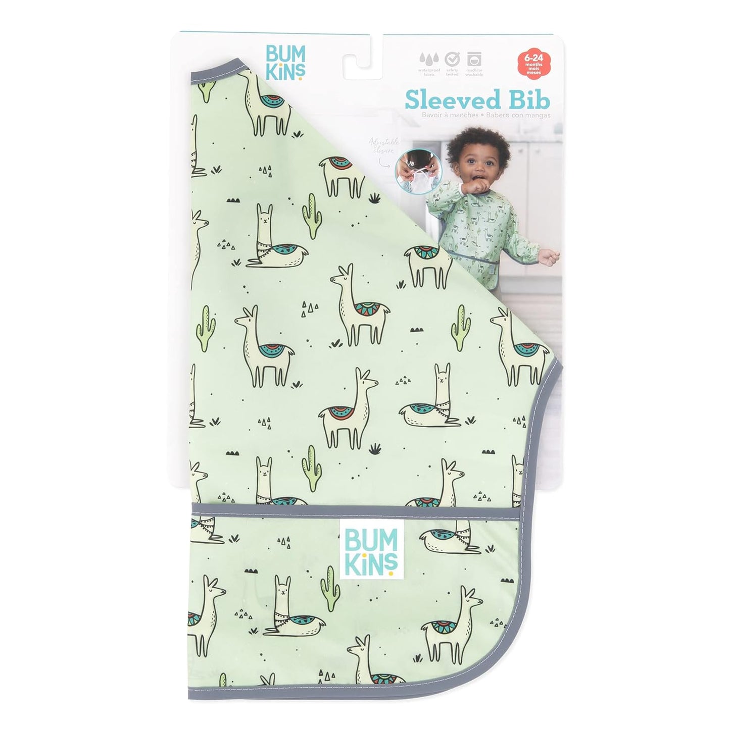 Bumkins Sleeved Bib for Girl or Boy, Baby and Toddler for 6-24 Mos, Essential Must Have for Eating, Feeding, Baby Led Weaning Supplies, Long Sleeve Mess Saving Food Catcher, Soft Fabric, Llama Green