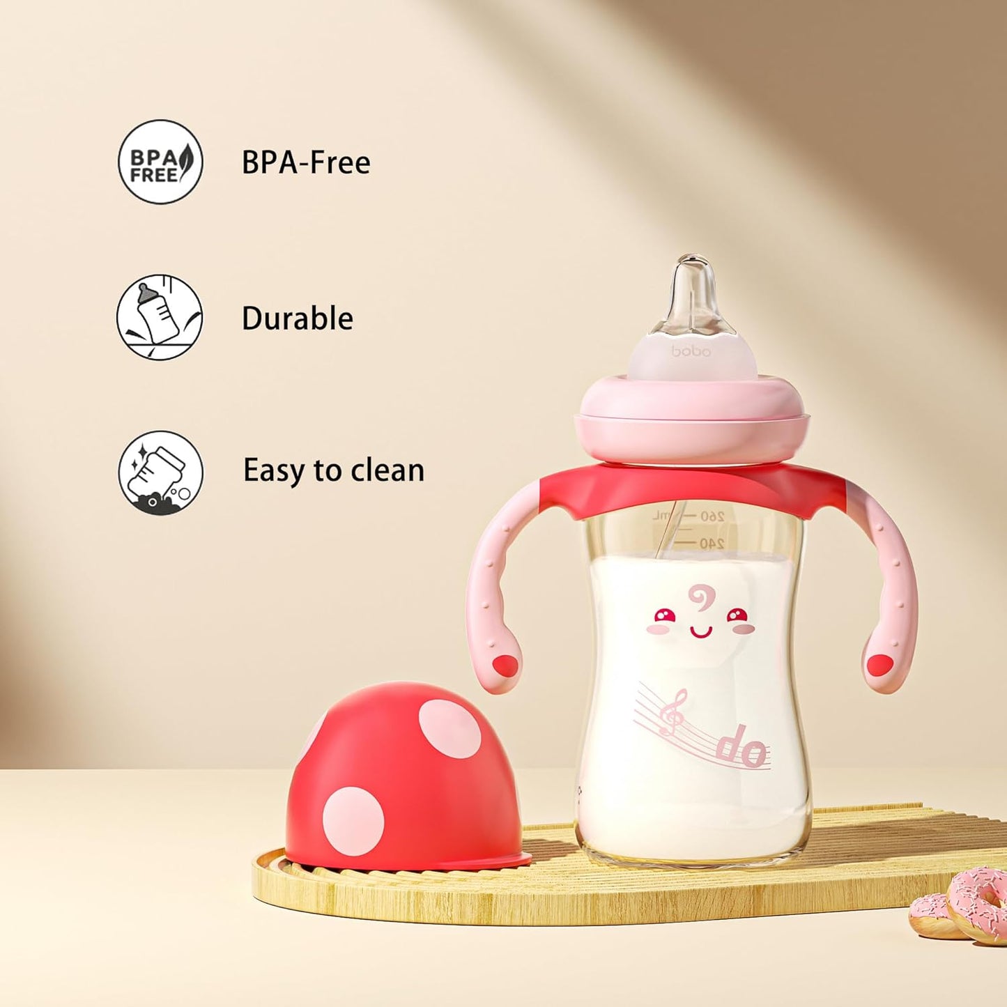 YOHKOH Natural PPSU Baby Bottle with Natural Response Nipple, Newborn Anti-Colic Baby Bottles with Handle, Wide Neck Mushroom Cap Baby Bottle (8.8oz (Pack of 4), Red1)