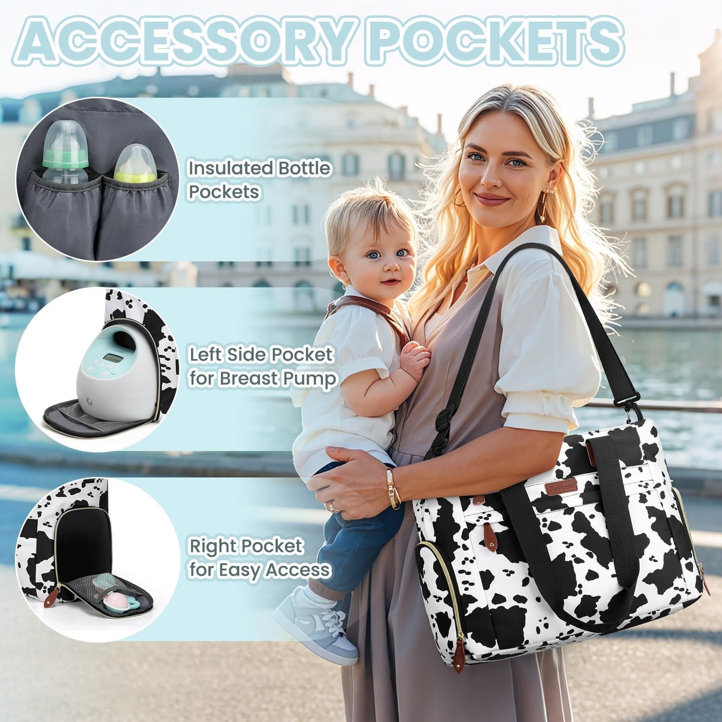Diaper Bag Tote for Working Mom, Large Travel Diaper Tote for Mom and Dad with 14 Inch Laptop Sleeve, Mommy Maternity Travel Baby Bag for Boys and Girls, Cowprint