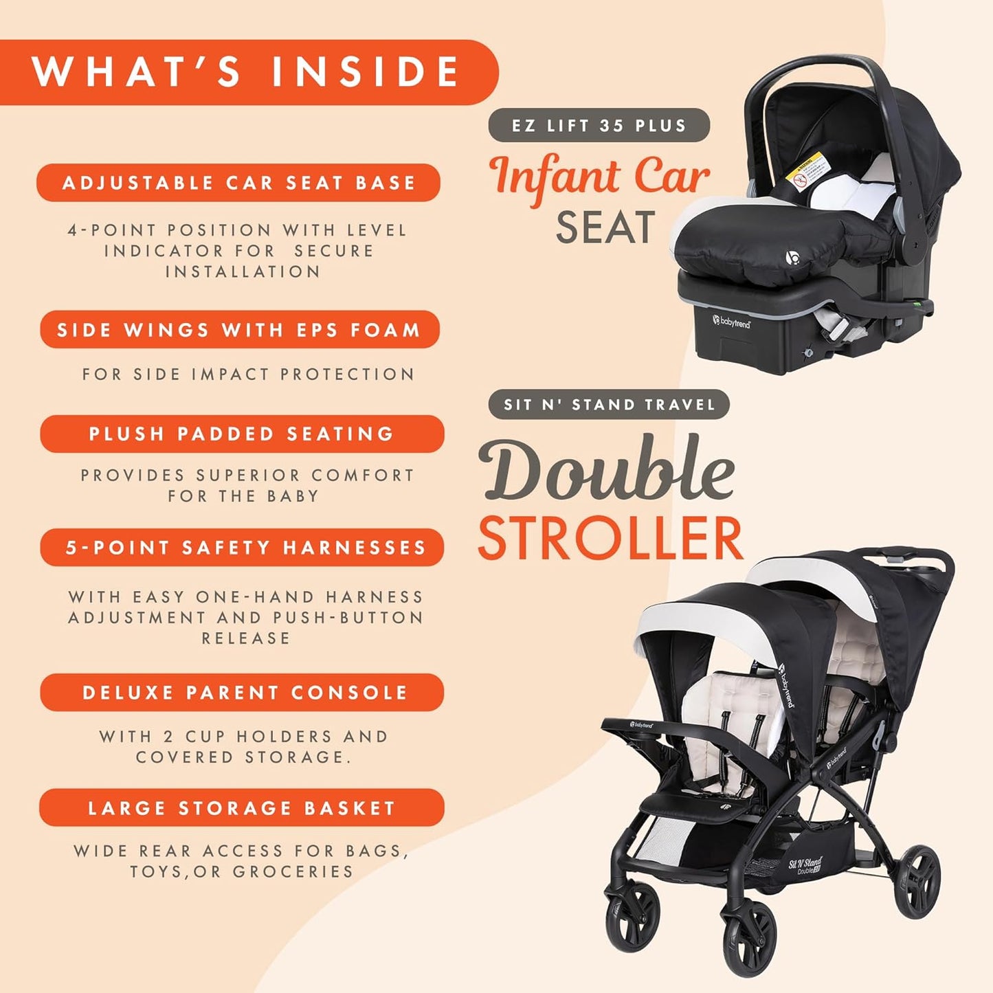 Baby Trend Sit N' Stand Tandem Double Stroller 2.0 DLX and EZ-Lift Plus Car Seat Set with 5 Point Safety Harnesses and Cozy Cover, Modern Khaki