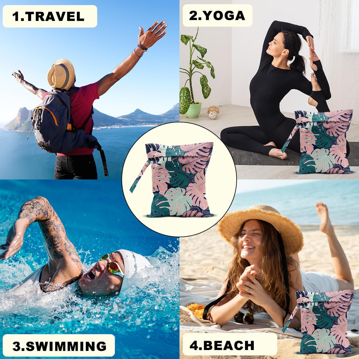 2Pcs Abstract Palm Leaves Wet Bag 12x10 Inch, Summer Greenery Waterproof Travel Laundry Bags, Washable Reusable Wet Dry Bag for Swimsuit Beach Diapers Dirty Yoga Gym Clothes, Plant Gifts for Women