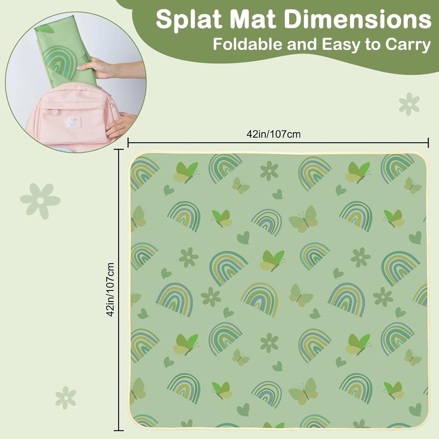 Splat Mat for Under High Chair 42 x 42 Inch Waterproof Baby Splash Mat with Non Slip Bottom Reusable Portable Highchair Mat for Floor Food Catcher for High Chair, Green Rainbow