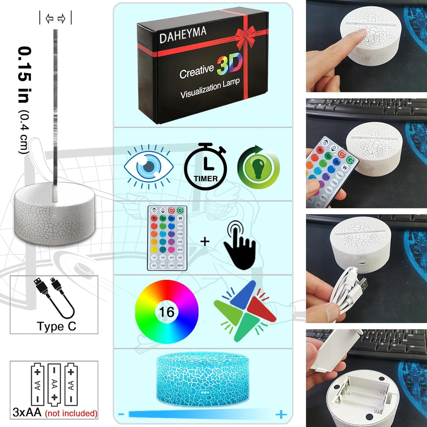 3D Ice Hockey Light Illusion, 16 Colors LED Night Light - Touch and Remote Control, Timer Tpye-C Dimmable Hockey Lamp, Room Home Decor