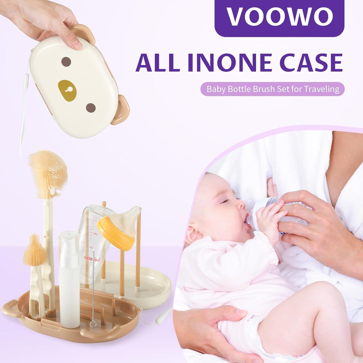 VOOWO Baby Bottle Brush & Drying Rack, Travel Bottle Cleaner Kit, Silicone Nipple & Straw Cleaner (White)