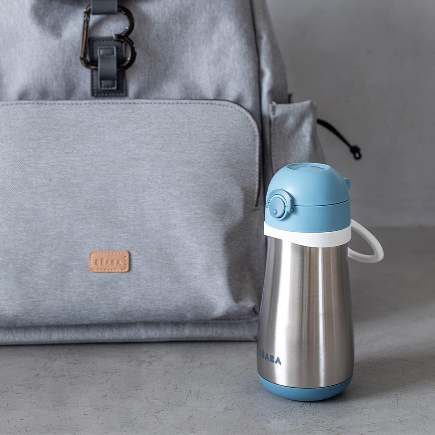 BEABA Kids Stainless Steel Insulated Water Bottle, Kids Water Bottle, Toddler Insulated with Spill Proof Spout and Close Top, Perfect for Travel, (Rain)