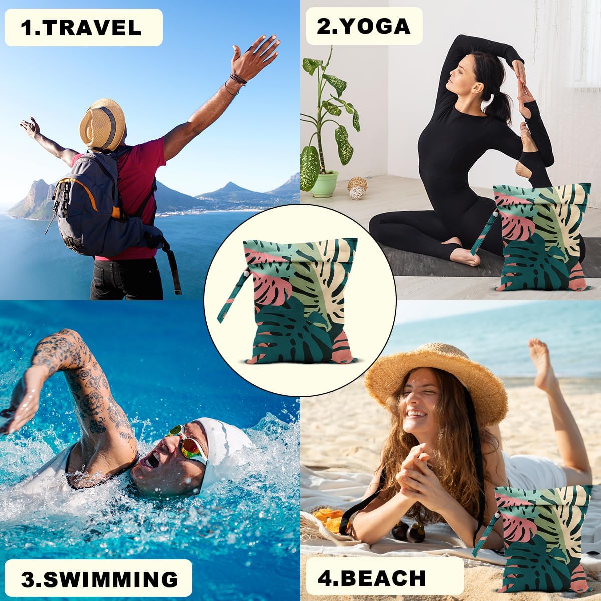 Palm Leaves Wet Bag 12x10 Inch, Green Summer Waterproof Travel Laundry Bags, Washable Reusable Wet Dry Bag for Swimsuit Beach Diapers Dirty Yoga Gym Clothes, Plant Gifts for Women Friend