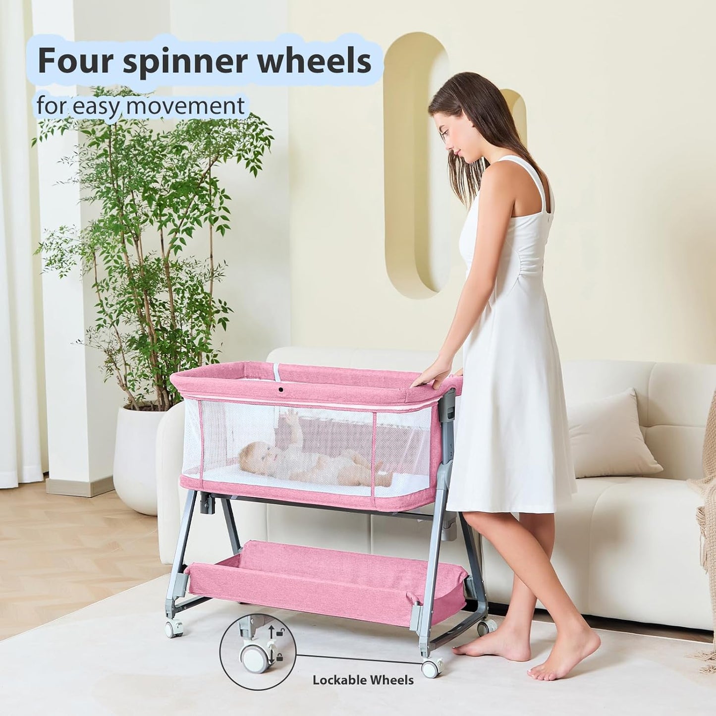 3-in-1 Baby Bassinet Bedside Sleeper with Wheels Bedside Bassinet for Newborn and Infant with Mattress and Storage Basket | Adjustable Height & Angle (13.5-18") | ASTM/CPSIA Certified (Pink)