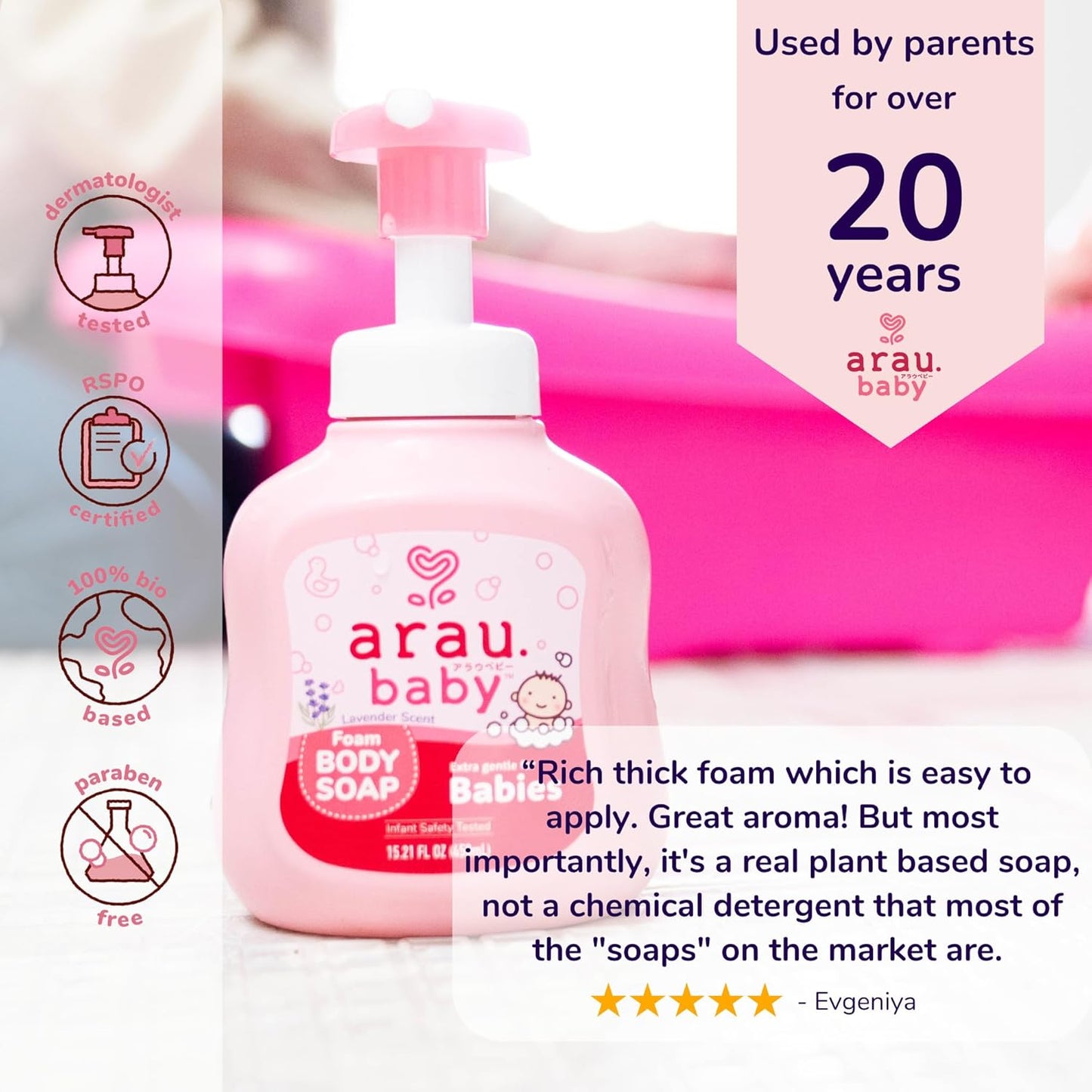 Arau Baby Foam Body Soap Lavender Scent, Natural Plant Based Baby Wash, No Artificial Fragrance or Additives, Gentle for Baby’s Sensitive Skin, Nourishing and Easy Rinse (15.21 Fl Oz)