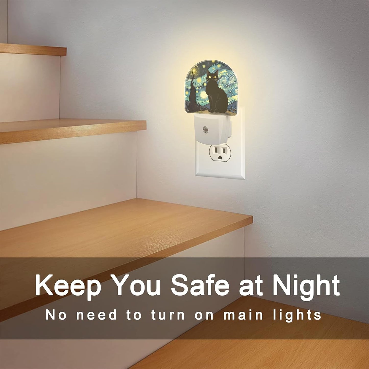 Starry Night Black Cat Night Light Plug into Wall, Impressionist Oil Painting Dusk to Dawn Night Light Plug in,0.5w Energy Saving Sleep Friendly NightLight for Kids Boys Girls Home Decor