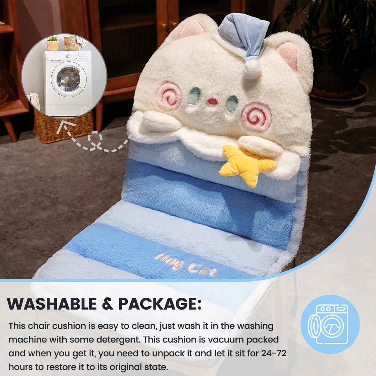 Cartoon Cat Seat Pads Non Slip Machine Wash Soft Cushion for Bedroom Décor, Gamer and Dining Chairs (35"x17", Blue)