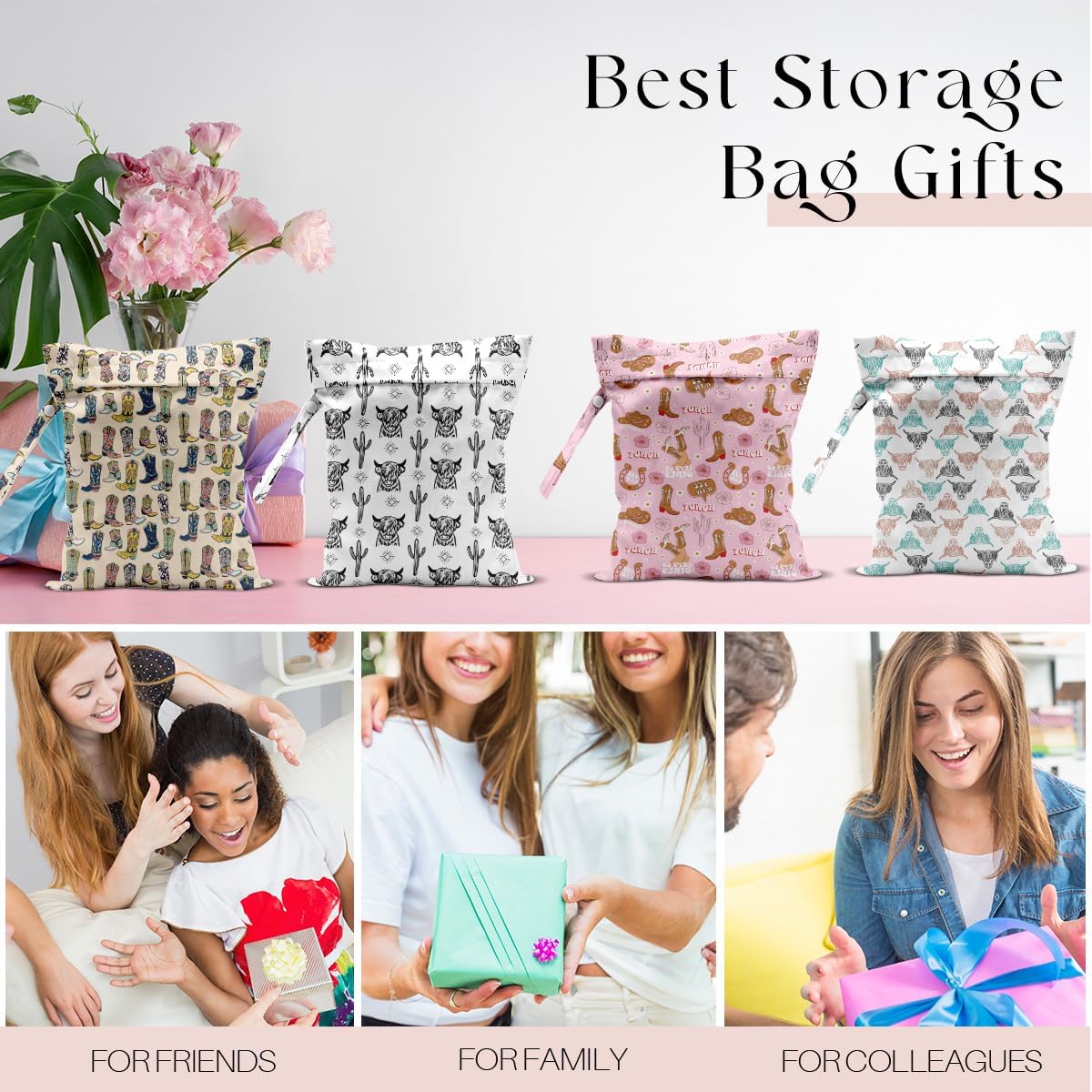 4Pcs Waterproof Wet Bag for Swimsuit, Travel Beach Wet Dry Bag, Hidden Zipper Reusable Western Cowgirl Decor, for Travel Beach Wet Swimsuits Toiletries Diapers Laundry Bag