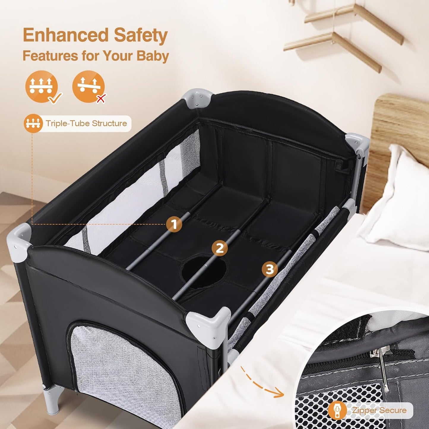 JOYMOR 4 in 1 Pack and Play, Baby Bedside Bassinet, Sturdy Play Yard with Padded Mat and Toy bar with Soft Toys