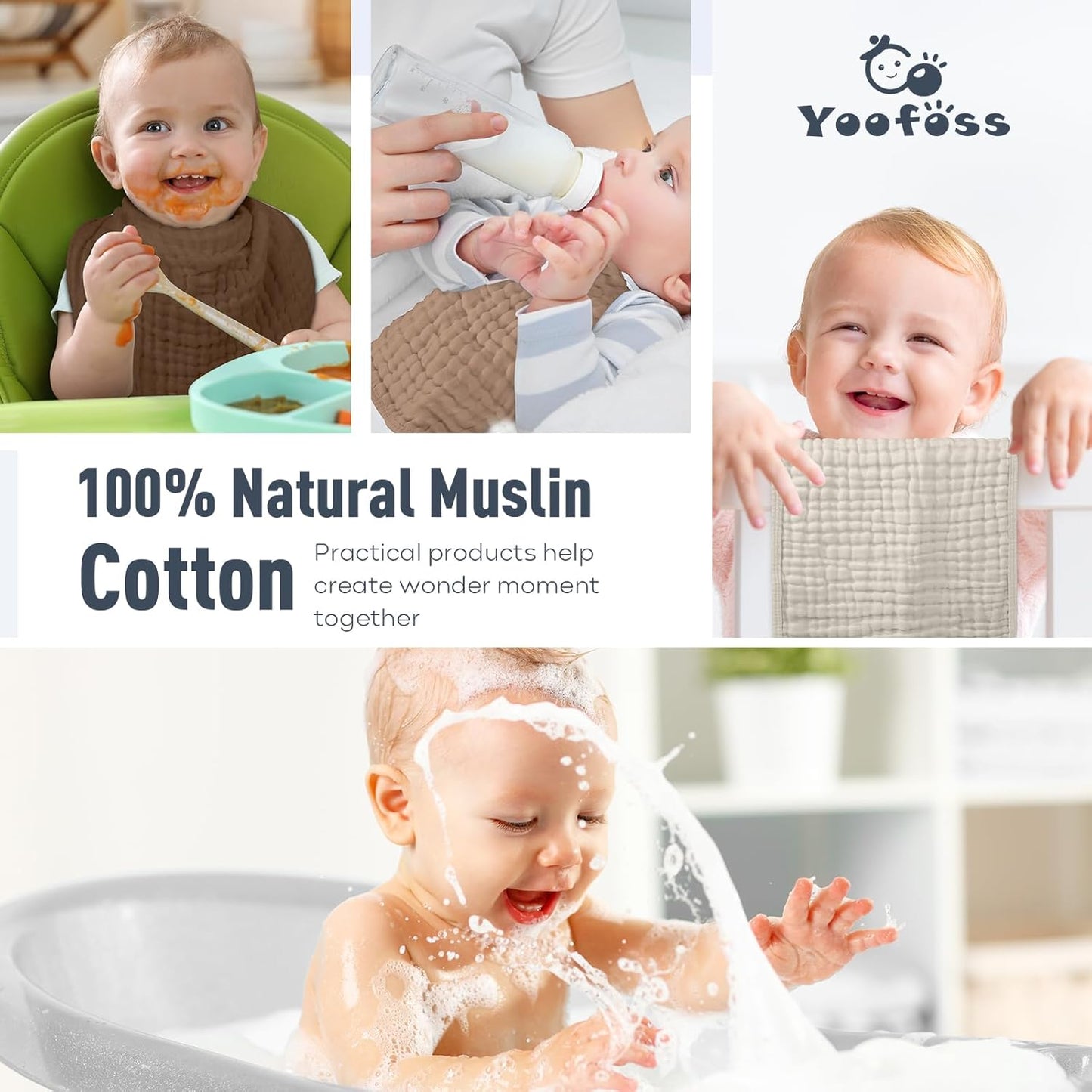 Yoofoss Muslin Burp Cloths for Baby 10 Pack 100% Cotton Baby Washcloths for Boys Girls Large 20''X10'' Super Soft and Gradient Coffee
