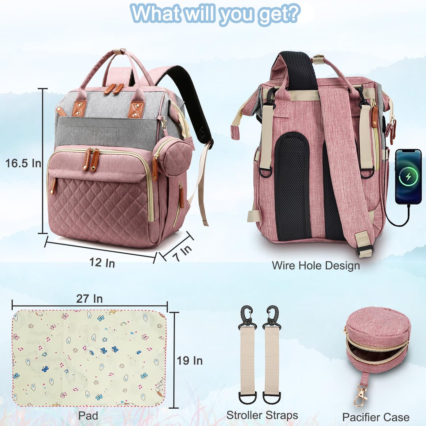 Diaper Bag Backpack Baby Bag, Baby Girl Boy Diaper Bag for Dad Mom with Pad, 16 Pockets, Pacifier Case, Large Diaper Bags Unisex for Travel(Pink Grey)