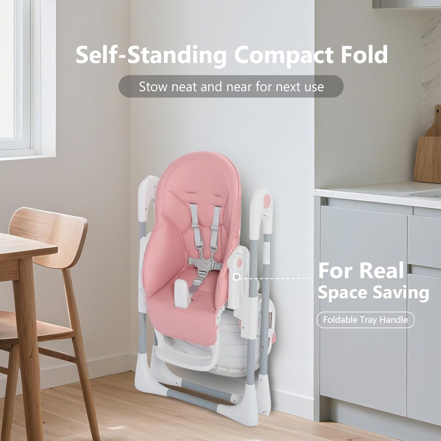 Kinder King Convertible High Chair for Babies & Toddlers, Adjustable Baby Feeding High Chair with Removable Double Tray, Simple Compact Fold for Space-Saving, 2 Built-in Wheels, Easy to Clean, Pink