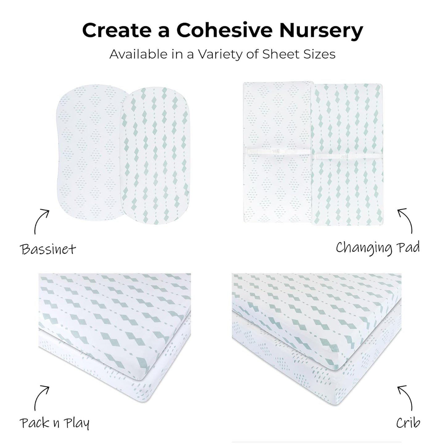 Ely's & Co. Pack N Play Fitted Playard Sheets - Breathable 100% Jersey Knit Cotton - Unisex Mini Crib Mattress Cover - Grey Sage Diamond - 2 Pack Set