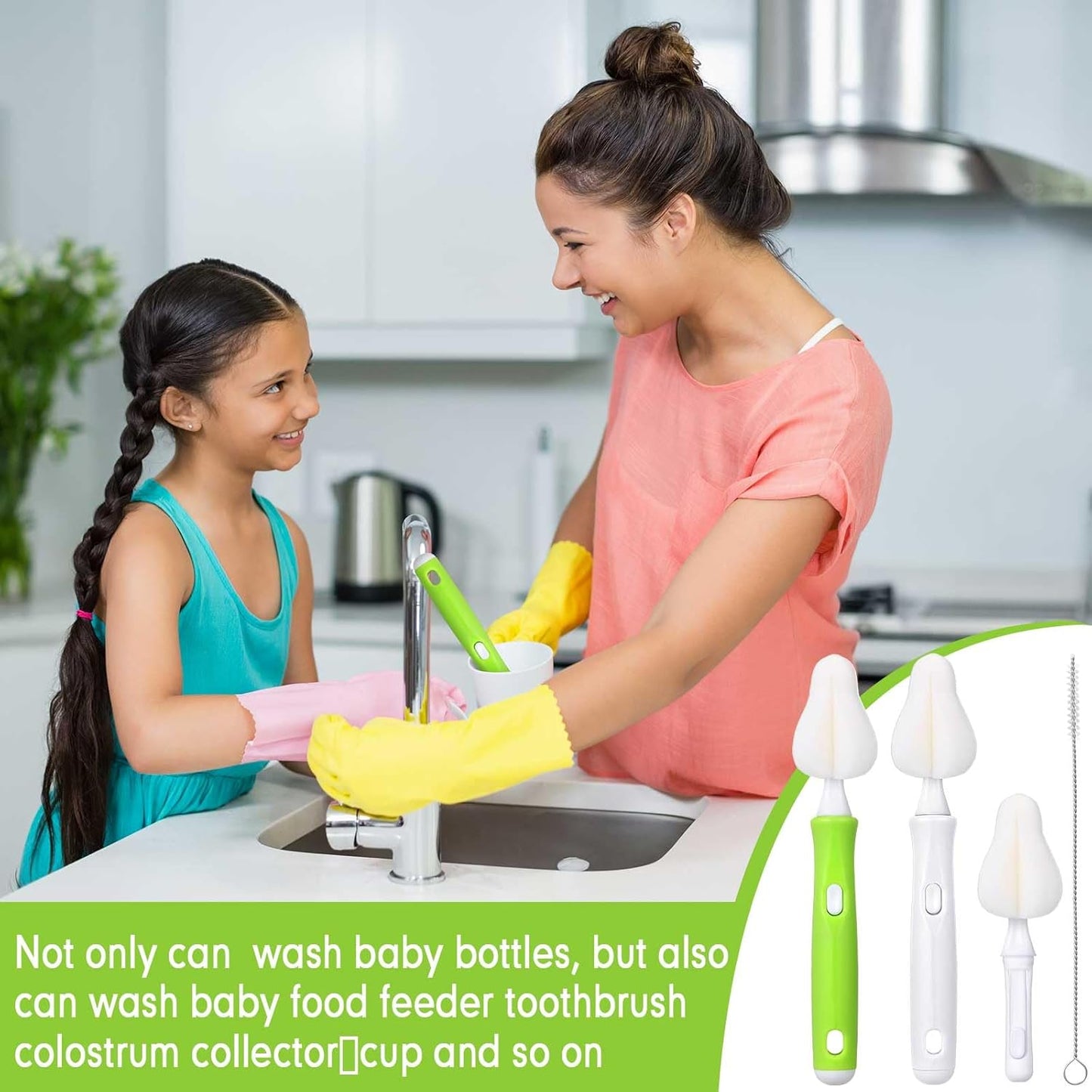 22 Pcs Sponge Bottle Nipple Brushes Set Including 12 Pcs Bottle Sponge Brush Heads 6 Interchangeable Nipple Brush Handles and 4 Long Straw Brushes for Baby Bottles (White and Green Handle)