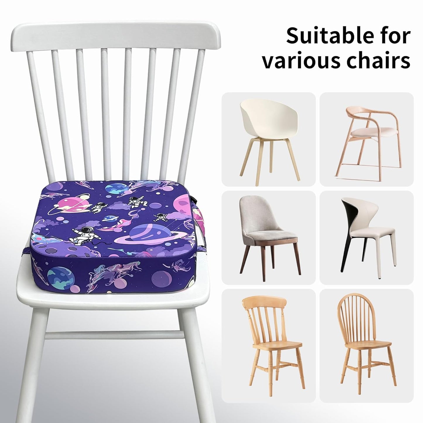 Toddler Booster Seat for Kitchen Chair, 3.5" Oxford Foam Cushion, Non-Slip Base, Adjustable Straps, Portable Dining Booster for Self-Feeding Toddlers at Home or on The Go (Purple Starry Sky)