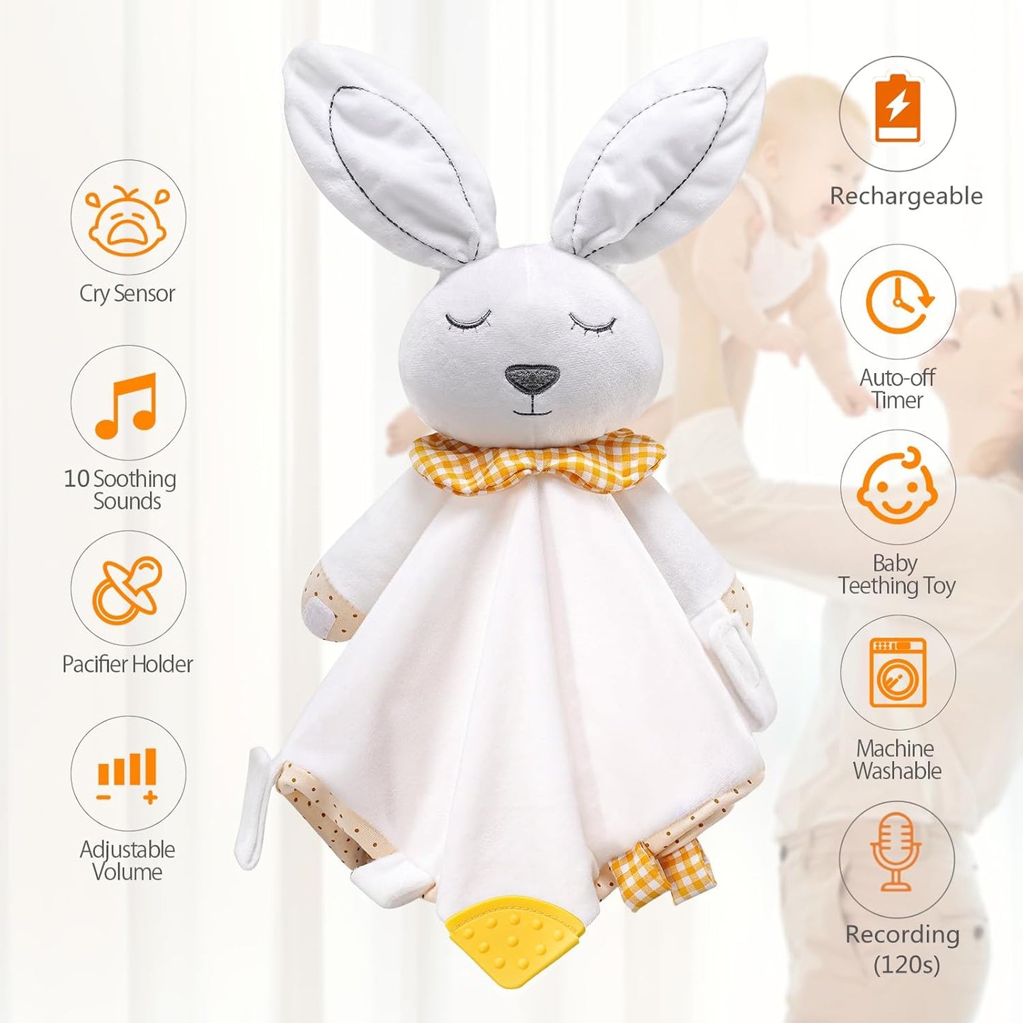 BEREST Rechargeable Baby Sleep Soother Bunny Lovey- White Noise| Heartbeat| Shushing| Lullaby Infant Sleeping Aid with Cry Sensor at Nap Time Routine, Newborn Gifts Plush Toddler Snuggle Blanket Toy