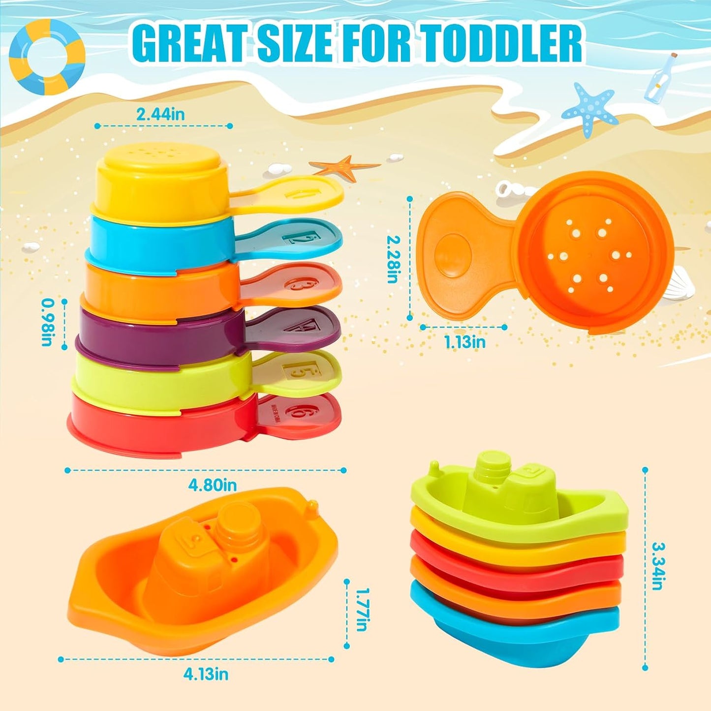 Baby Bath Toys for Kids Ages 1-3, 11PCS Mold Free Bath Toys for Toddlers with Floating Boats and Spoons, Baby & Toddler Bathtub Water Table Pool Sand Play Toys for Christmas Stocking Stuffers