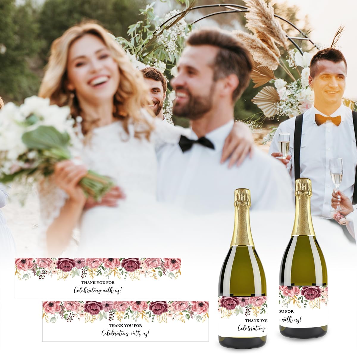 100PCS Wedding Water Bottle Labels Waterproof Greenery Floral Wraps Sticker for Water Bottle Baby Shower Bottle Label for Bridal Shower Party Thanks A14