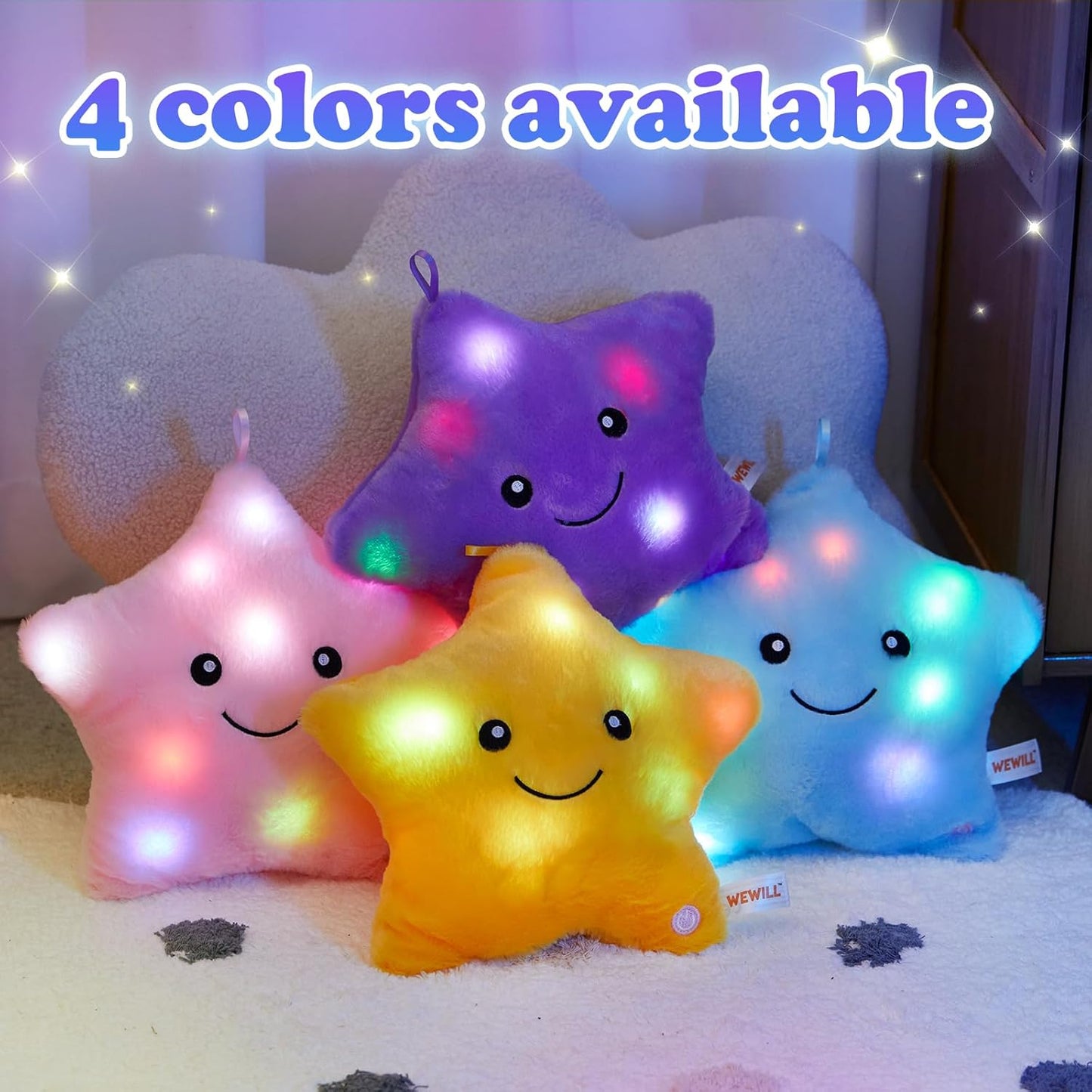 WEWILL 9'' LED Twinkle Star Soft Plush Pillow Toys Glowing Stuffed Star Light up Pillow Plush with Colorful Night Lights Birthday Valentines Gift for Toddler Kids(Purple)