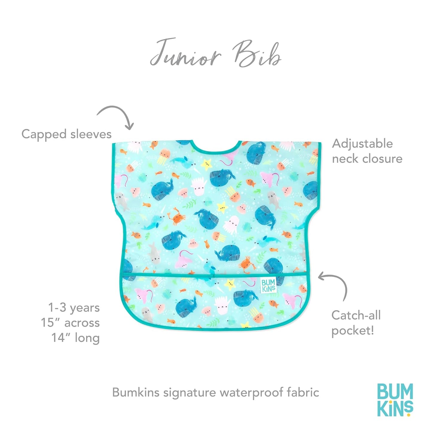 Bumkins - Junior Bib - For Boys & Girls, Toddlers & Kids 1-3 Years - Lightweight, Durable, Waterproof - Short Sleeve Bib - Catch-All Pocket - Wipeable & Machine Washable - Jungle & Ocean - 2 Pack