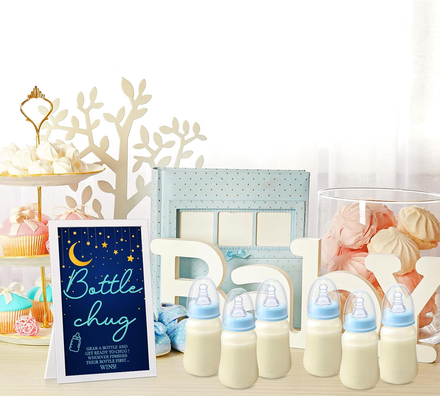 Roowest Bottle Chug Baby Shower Game Favors Including Moon Star Theme Wooden Sign and 18 Pcs Baby Bottles for Gender Reveal Party Supplies
