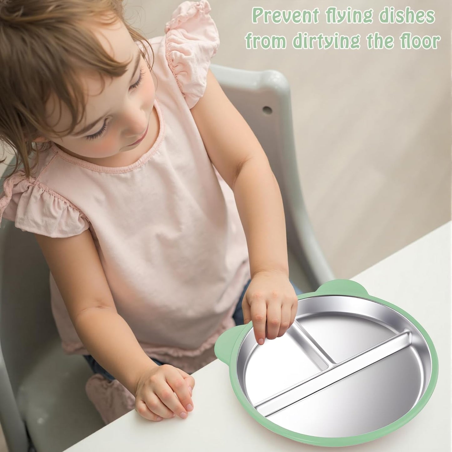 Stainless Steel Kids Plate with Suction Set of 2, 9″ Toddler Divided Plates with Removable Non Slip Silicone Sleeves, Unbreakable Baby Snack Dishes, Mess-Free Mealtime, Mint Green & Wisteria