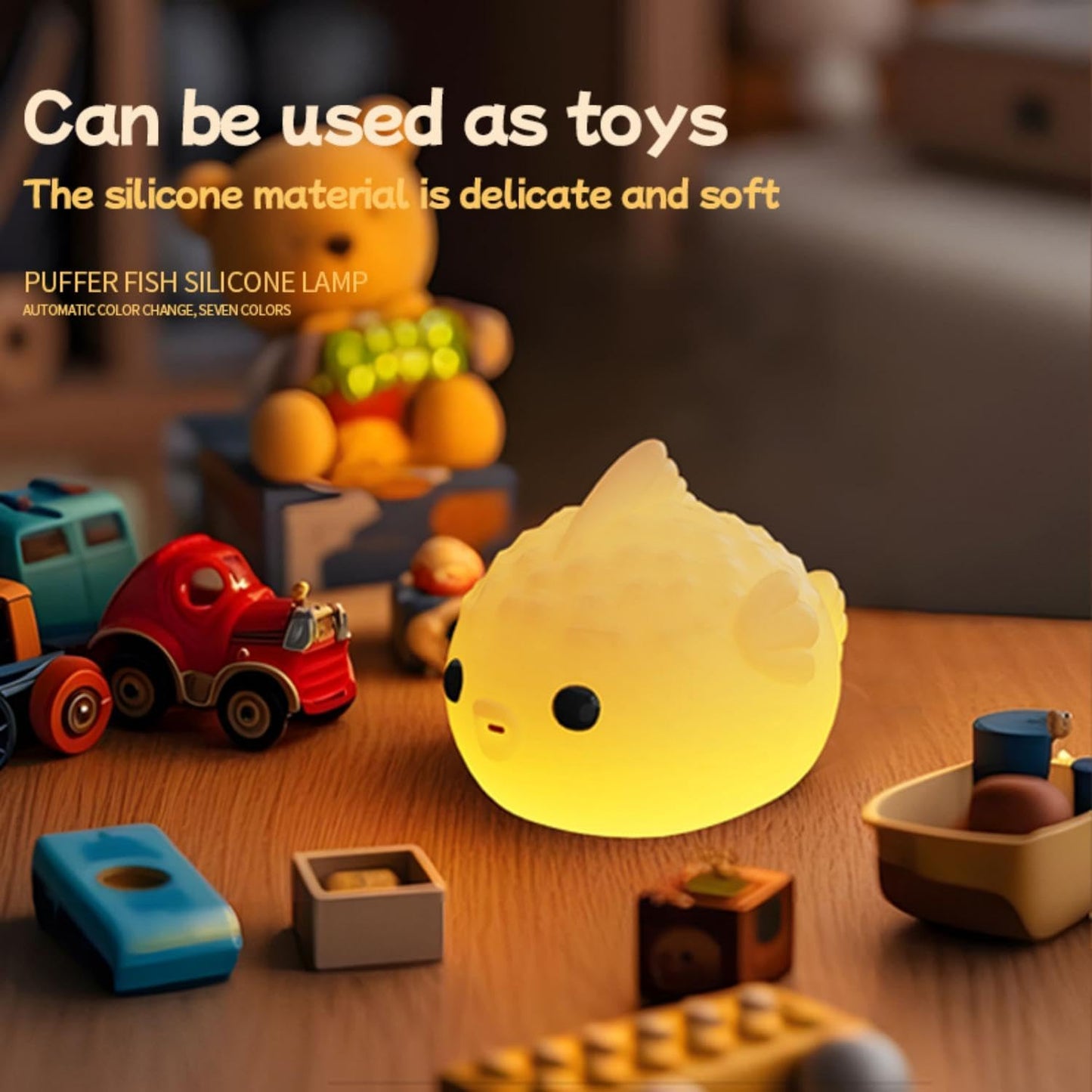 White Pufferfish Night Light - Silicone Touch Sensor Lamp for Nursery, 3 Adjustable Brightness, USB-C Rechargeable Baby-Safe Bedside Light, Modern Kids Room Decor & Toddler Sleep Aid