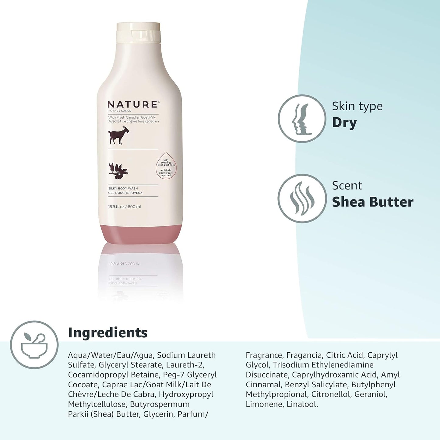 Nature by Canus, Natural Cleanser, Moisturizing Shea Butter Body wash with Goat Milk, for dry skin types 16.9 Fl Oz