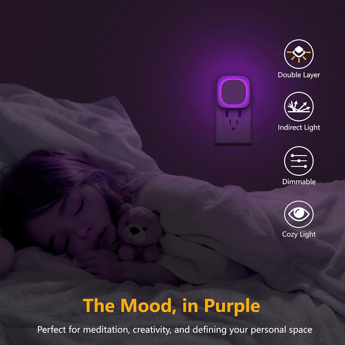 2 Pack Purple Night Light, Gentle Eye-Care with Dimmable Soft Glow & Indirect Reflection, Auto Dusk to Dawn Sensor, Plug in Nightlight for Meditation Corner, Creative Studio, Bedroom, Bathroom