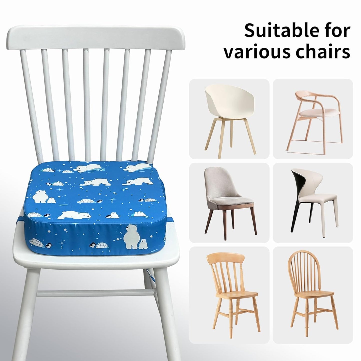 Toddler Booster Seat for Kitchen Chair, 3.5" Oxford Foam Cushion, Non-Slip Base, Adjustable Straps, Portable Dining Booster for Self-Feeding Toddlers at Home or on The Go (Polar Bear)