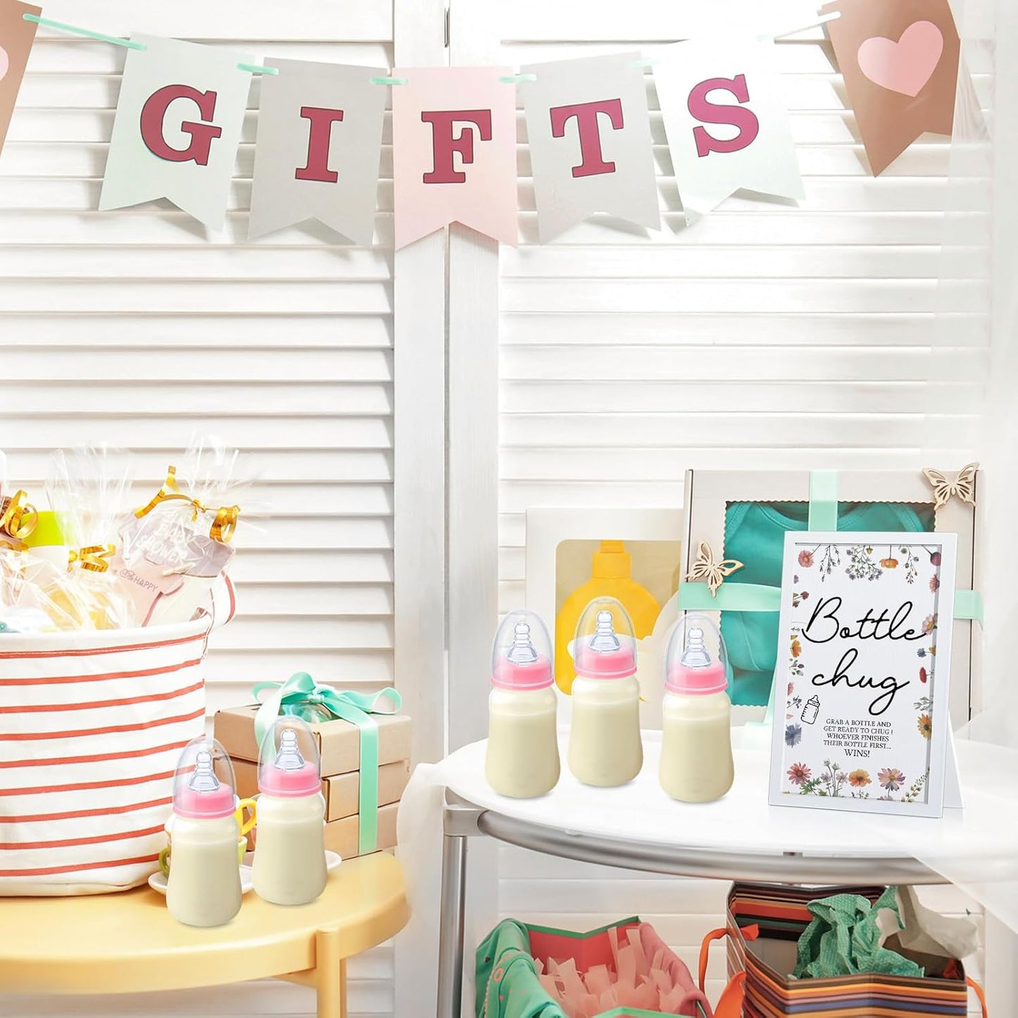 Roowest Bottle Chug Baby Shower Game Favors Including Wideflower Theme Wooden Sign and 18 Pcs Baby Bottles for Gender Reveal Party Supplies