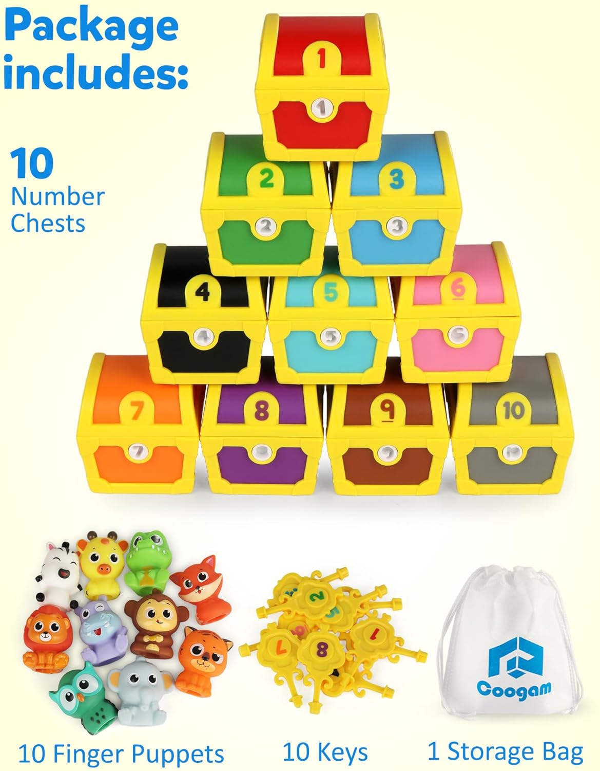 Coogam Fine Motor Skill Toys for Toddlers, 10pcs Surprise Animals Finger Puppets Treasure with Number Locks, Matching Color Sorting Pirate Hunt Game, Learning Montessori Gift for 3 4 5 Year Old