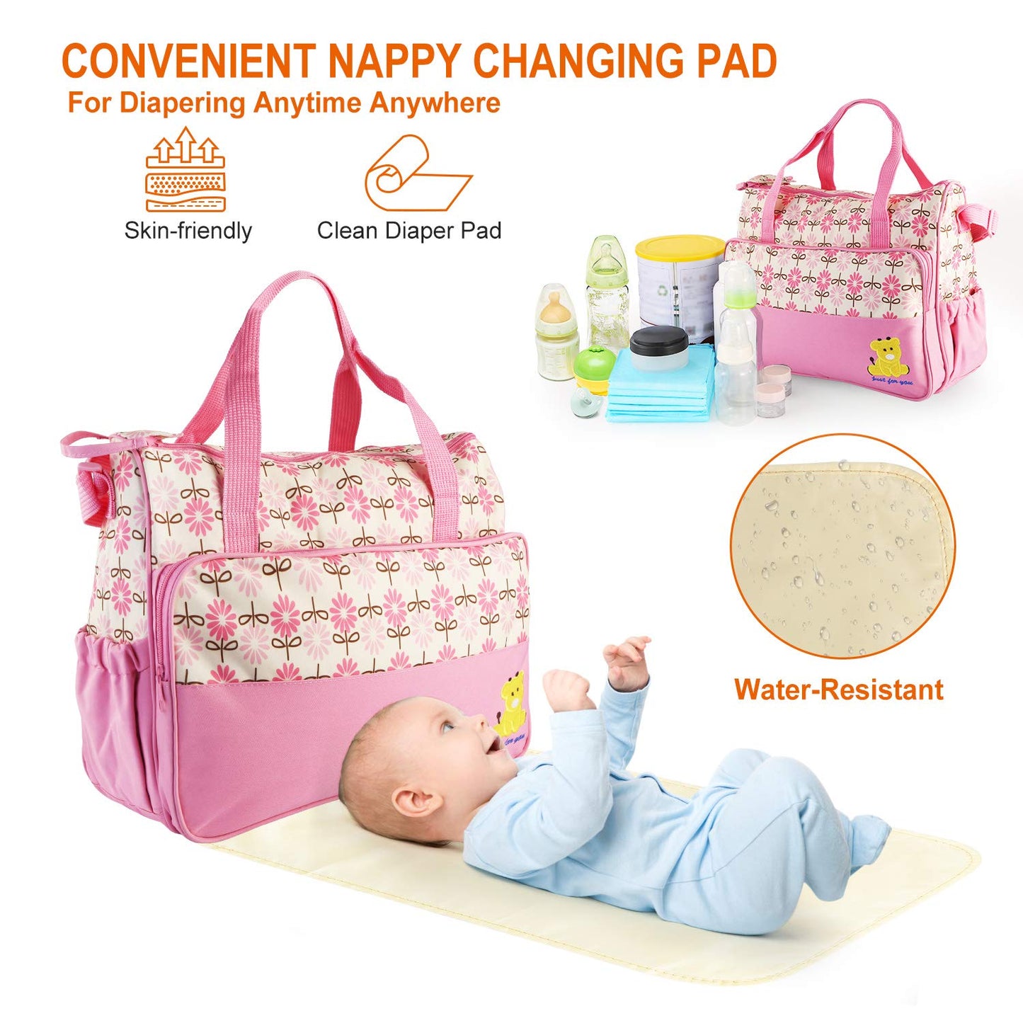 5PCS Diaper Bag Tote Set for Baby Essentials – Large Baby Bags for Mom, Waterproof Maternity Bags with Bottle Bag, Food Bag & Changing Pad (Pink)