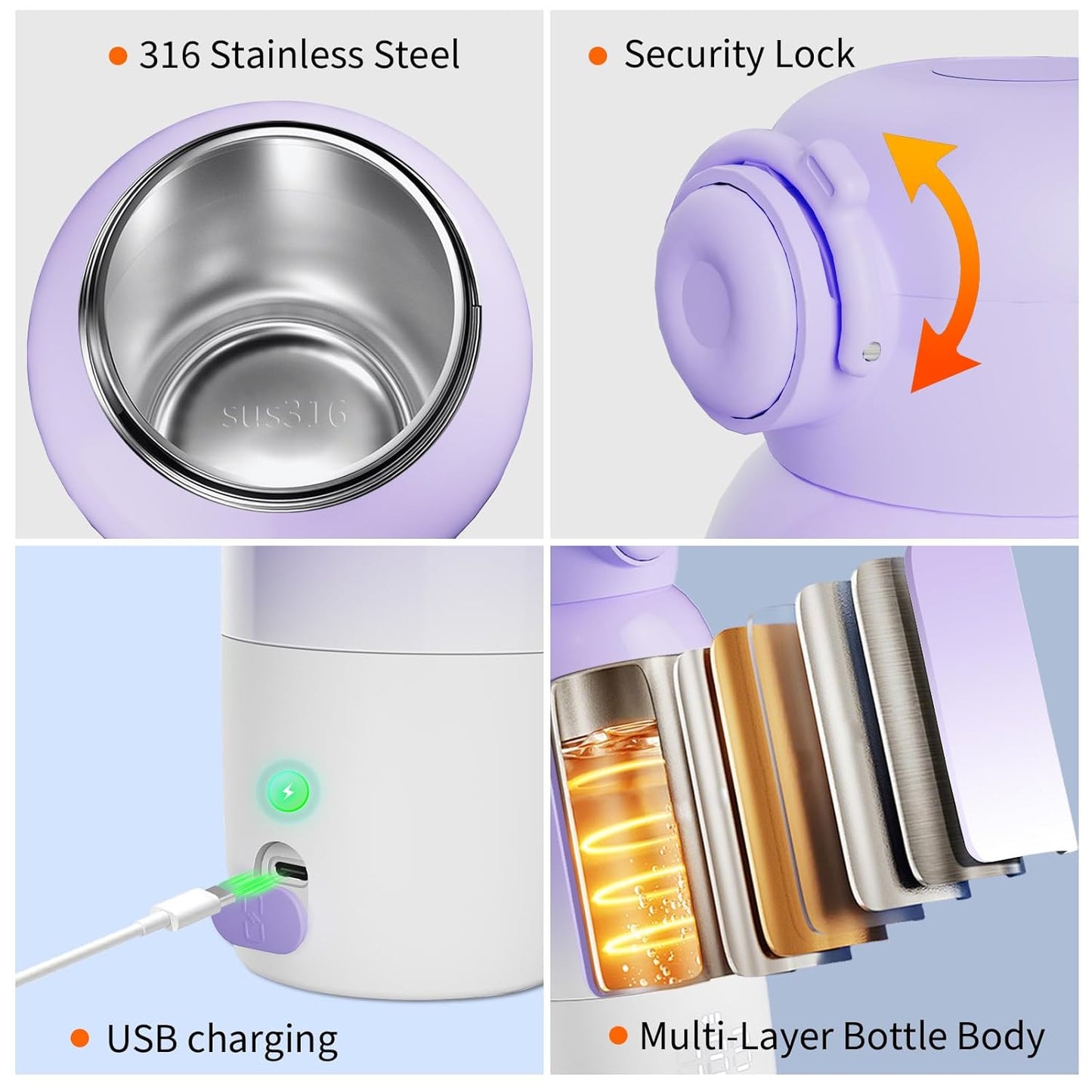 Portable Bottle Warmer for Travel - Large 12oz Capacity with Dual Heating Modes for Breast Milk & Water, Fast Heating Smart Temperature Control, Portable Milk Warmer Gifts for New Mom Purple