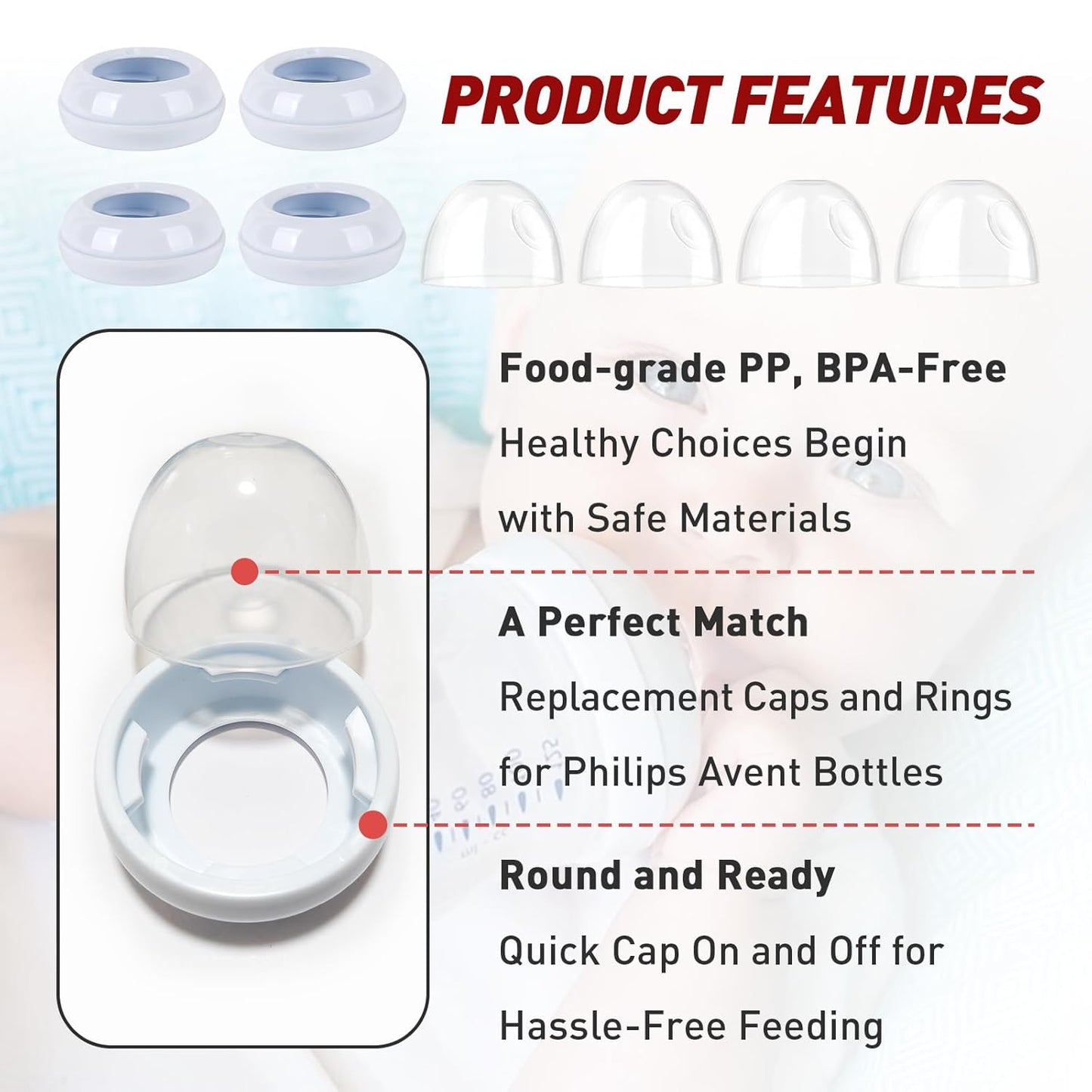 4-Pack Baby Bottle Rings and Caps for Philips Avent Natural Bottles, Replacement Screw Ring Collars, Baby Bottle Nipple Rings for Avent Natural Plastic and Glass Bottles