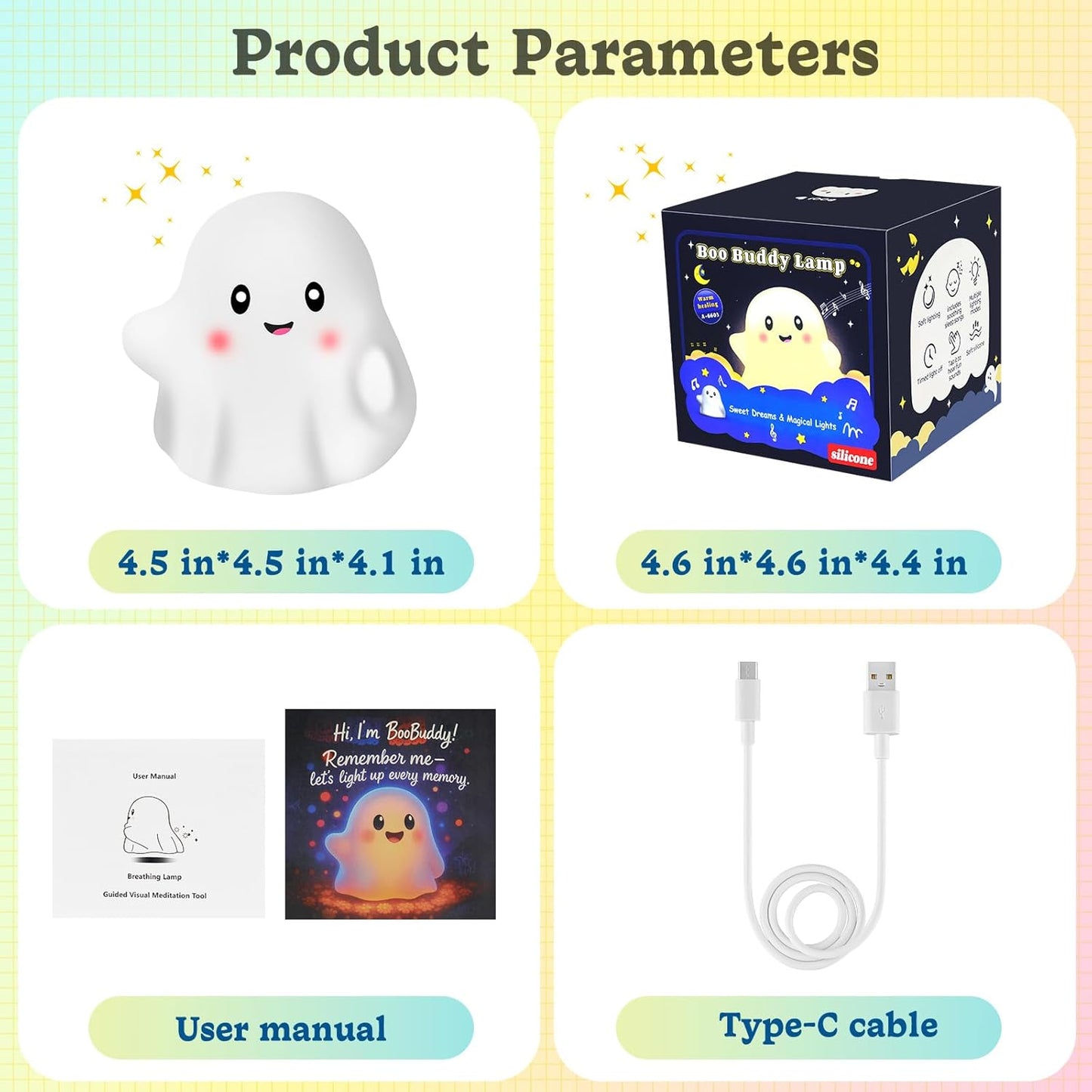 Ghost Night Light for Kids, Silicone Nursery Nightlight, RGB Rainbow Color-Changing/30-Min Timer/Touch Sensor/Rechargeable/Sounds & Sleep Music Halloween Ghost Light Decor Lamp