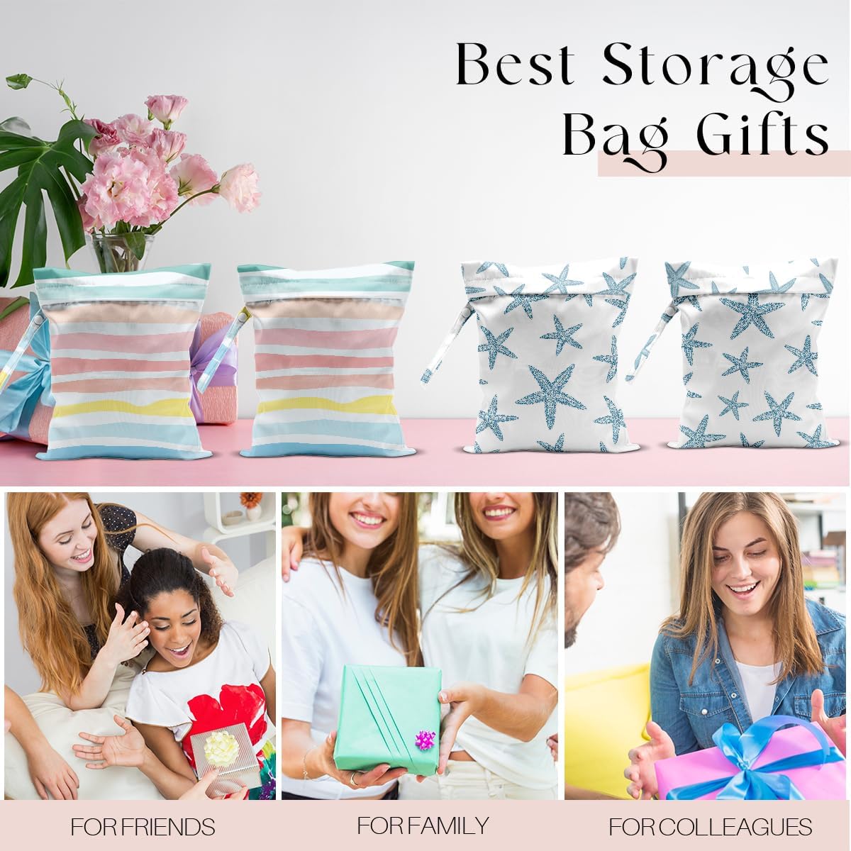 4 Pack Wet Bag for Swimsuit, Beach Travel Essentials Wet Dry Bag, for Sunscreen Toiletry Dirty Clothes Yoga Gym Diaper, Friend Summer Beach Vacation Gifts. Starfish, waves